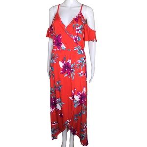 LA BANGA Floral Cold Shoulder Maxi Dress With Flounce Sleeves Red Size Medium